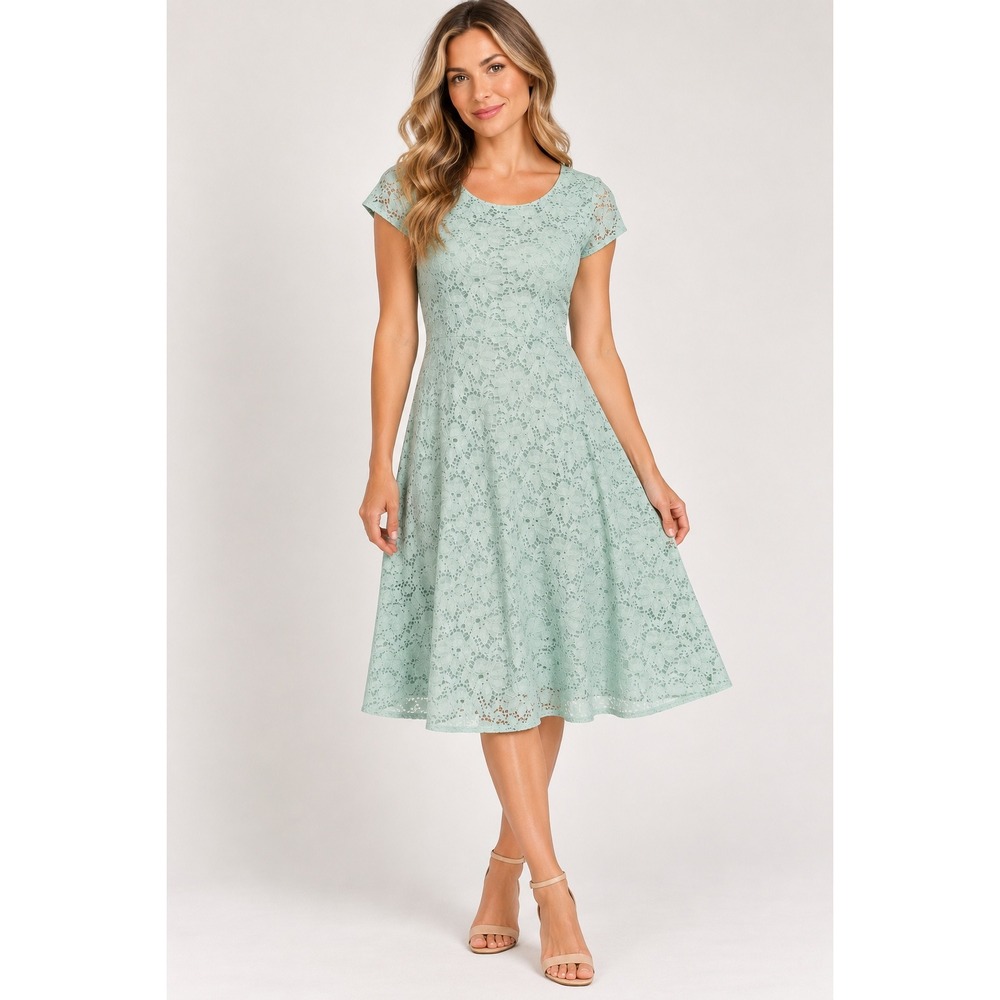 Alfani Womens Mint Green Floral Lace Fit and Flare Dress Cap Sleeve Size 14
